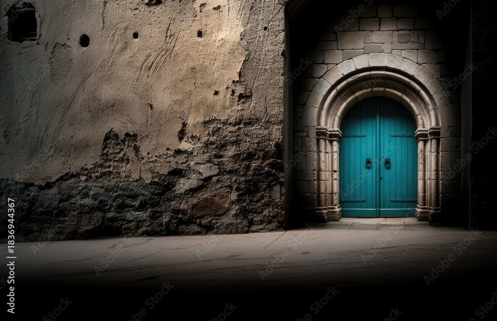 Obraz premium Antique wooden door set in an aged stone and brick wall of a building