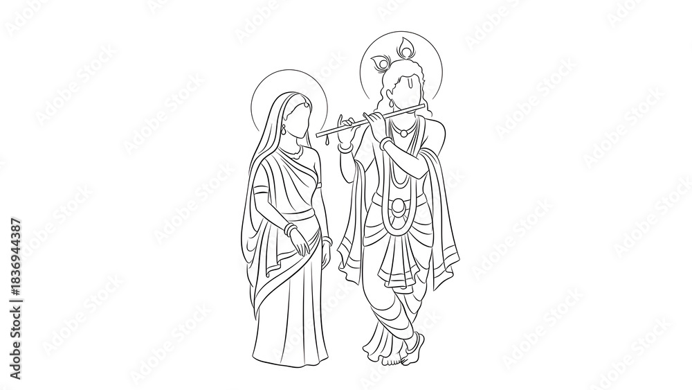 Obraz premium Minimalist Elegant Line Art Silhouette of Radha and Krishna with Flute, Depicting Divine Love, Spiritual Harmony, Graceful Motion, and Timeless Hindu Devotional Art