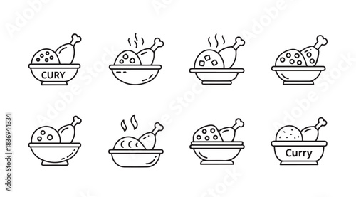 Whimsical hand drawn curry dish icons featuring chicken legs and rice bowls vector