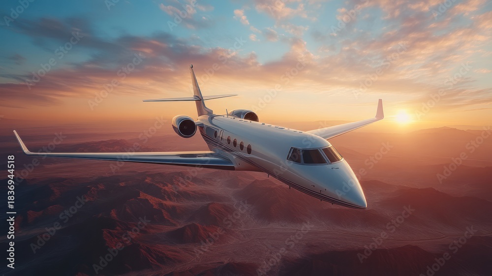 Fototapeta premium Private jet flight over mountains at sunset