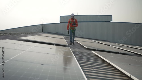 Blue collar worker is inspecting solar panel at rooftop of factory. Energy, sustainability.
