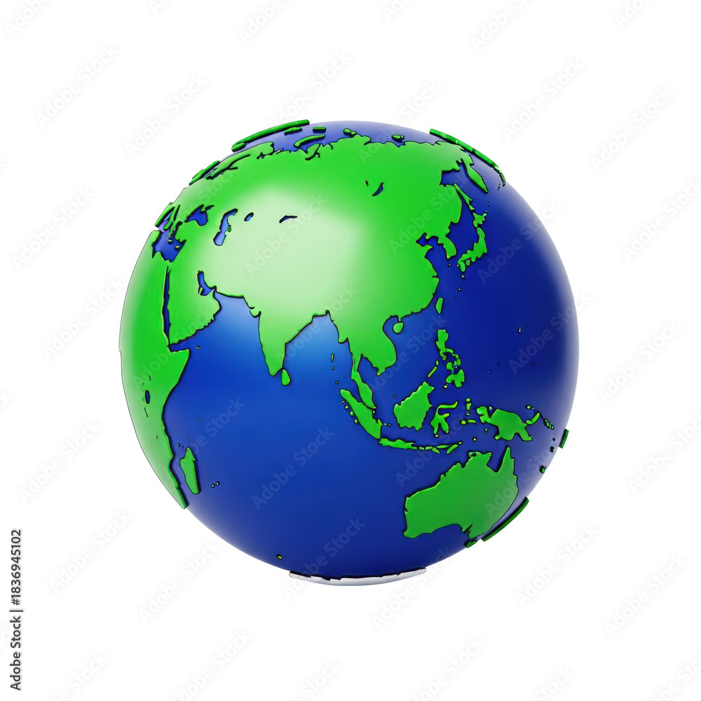 Naklejka premium hyper-detailed 3d vector globe showing sapphire oceans and emerald continents (asia, australia focus), glossy reflective surface, isolated on white studio background with copy space. concept of