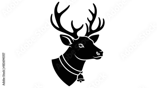 Stylized black silhouette deer head with antlers and bell, festive emblem isolated on white background, Vector