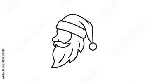 Santa claus head profile outline drawing, minimal christmas holiday icon design isolated on white background, Vector