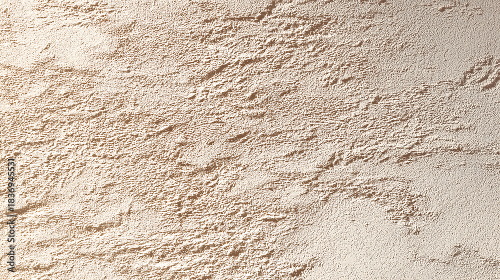 Fototapeta premium Cloud Dancer themed Close-up background texture of a beige rough plastered wall with visible grain and irregular formations, creating an organic and earthy feel Colour of the Year 2026