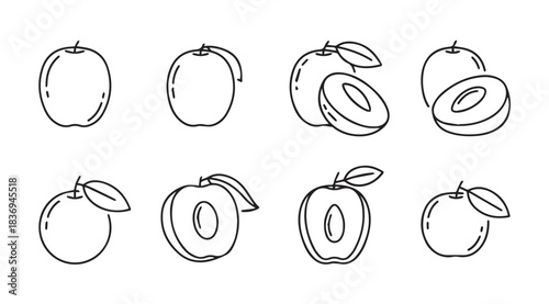 Hand drawn sketch collection of whole and halved plums with leaves for healthy food and fruit designs vector