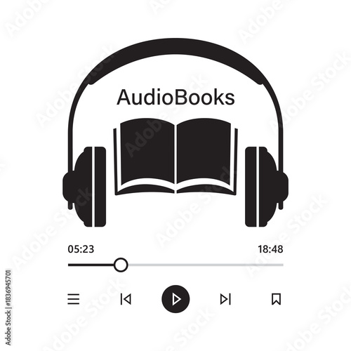 Audio books concept, black signs isolated on white background. Online education and learning. Headphones, book and buttons of player or app. Internet library app,