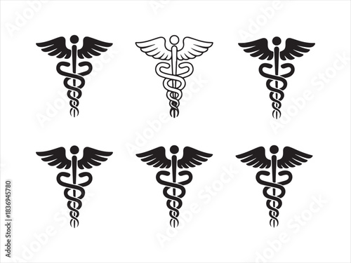 caduceus symbol set, caduceus medical silhouette vector set black and white illustration
