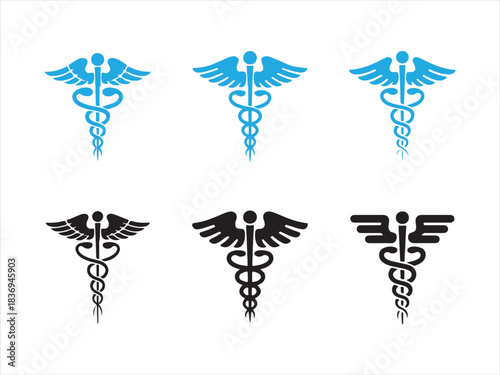 caduceus symbol set, caduceus medical silhouette vector set black and white illustration

