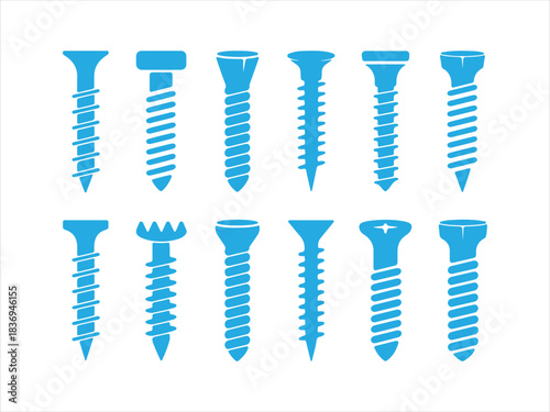 Blue Screw, Silhouette Icon Set | Hardware Tools Vector Illustration