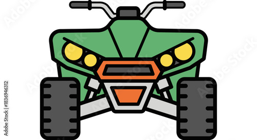 Green ATV vehicle with orange accents and yellow headlights