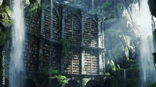 Ancient stone library structure integrated into lush, moss-covered canyon walls with cascading waterfalls