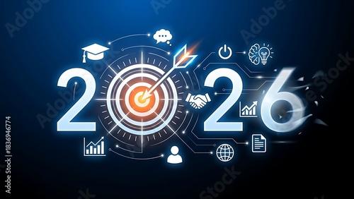 2026 target concept with digital technology icons, business strategy, success, goal achievement, and future planning visualization