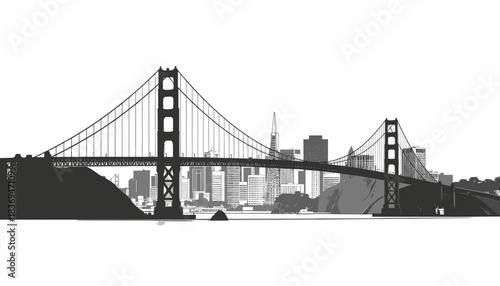 A striking black and white silhouette of the Golden Gate Bridge with the San Francisco skyline in the background.