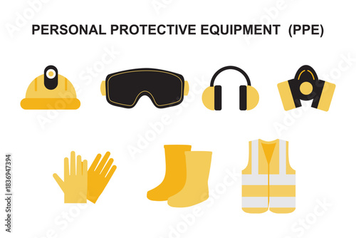Industrial Safety PPE Set Helmet Glasses Earmuffs Flat Vector