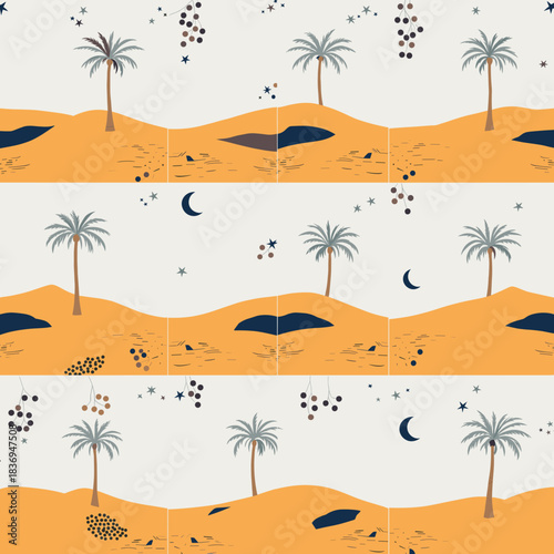 A whimsical desert landscape illustration featuring palm trees, crescent moons, and scattered stars on rolling sand dunes.