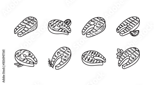 Set of hand drawn grilled fish steaks with lemon slices food icons vector