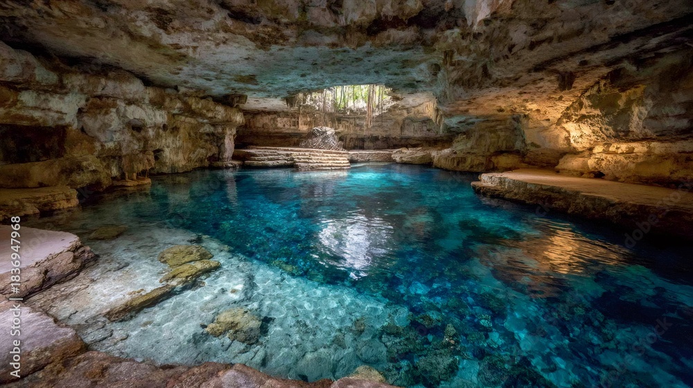 Naklejka premium Cenote Ik Kil reflecting the sky, with vines hanging into the refreshing freshwater. A popular destination for tourism and swimming