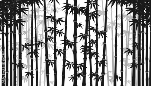 A dense, stylized black and white illustration of a bamboo forest with varying shades of gray to create depth.