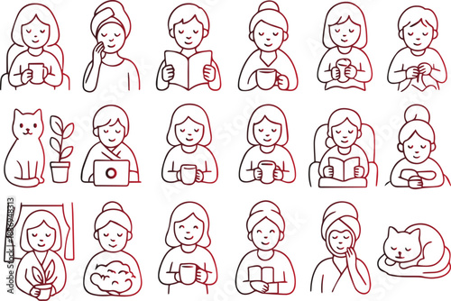 Home comfort and relaxation outline icons set depicting various activities like reading, drinking coffee, self-care, and leisure pursuits at home.