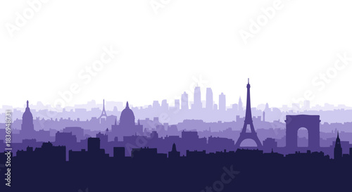 A purple silhouette of the Paris skyline featuring iconic landmarks like the Eiffel Tower and Arc de Triomphe.