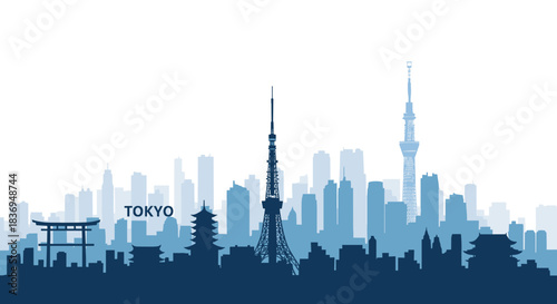Blue silhouette of the iconic Tokyo city skyline with famous landmarks and skyscrapers against a white background.