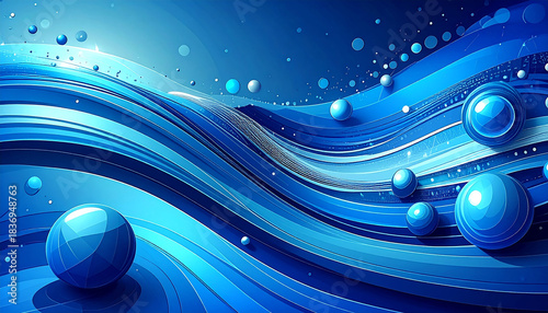 Blue wavy landscape with luminous spheres and subtle light reflections abstract