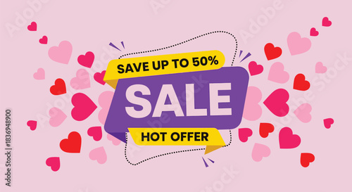 Vibrant sale banner with hearts and discount offer