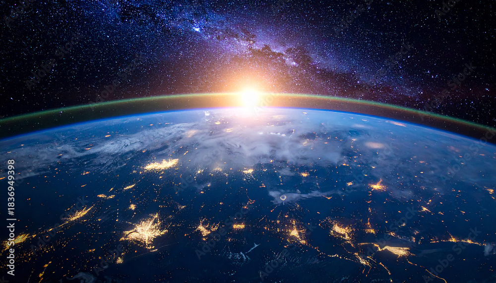 Fototapeta premium Earth From Space at Sunrise with City Lights and Milky Way Galaxy night