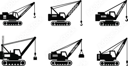 Illustrations of various construction cranes in a monochrome schematic style
