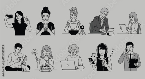 People using devices in various settings and activities