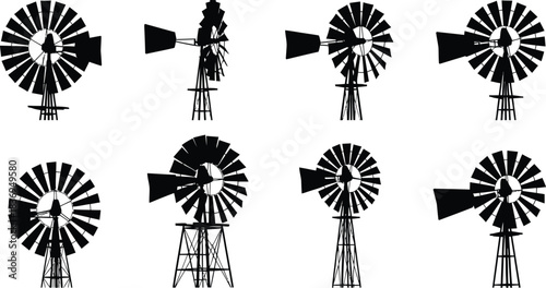 Black and white illustrations of vintage farm windmills in various designs