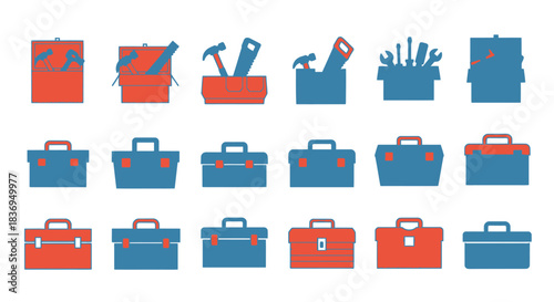 Collection of toolboxes and toolboxes with tools inside