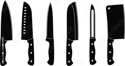 A collection of various kitchen knives displayed in a black and white silhouette