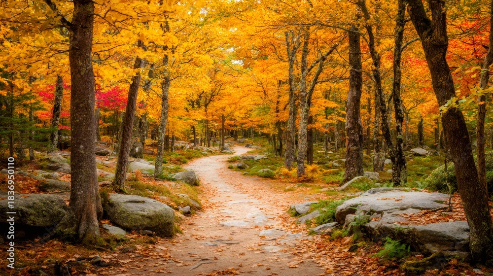 Obraz premium Winding forest path during autumn with vibrant orange, yellow, and red foliage on trees and a trail covered in fall leaves