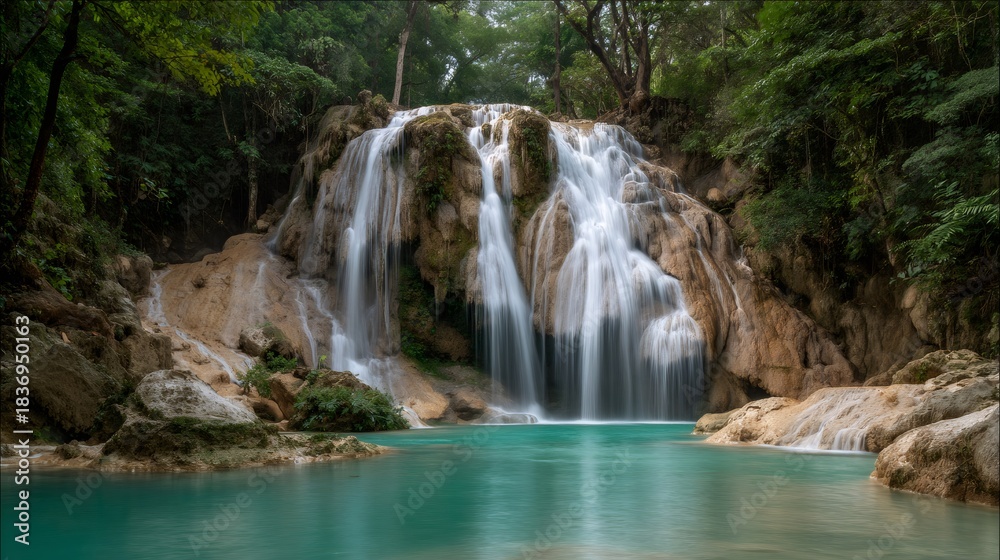 Fototapeta premium Waterfall cascading over limestone rock into a turquoise emerald pond, flowing water in lush green jungle surroundings