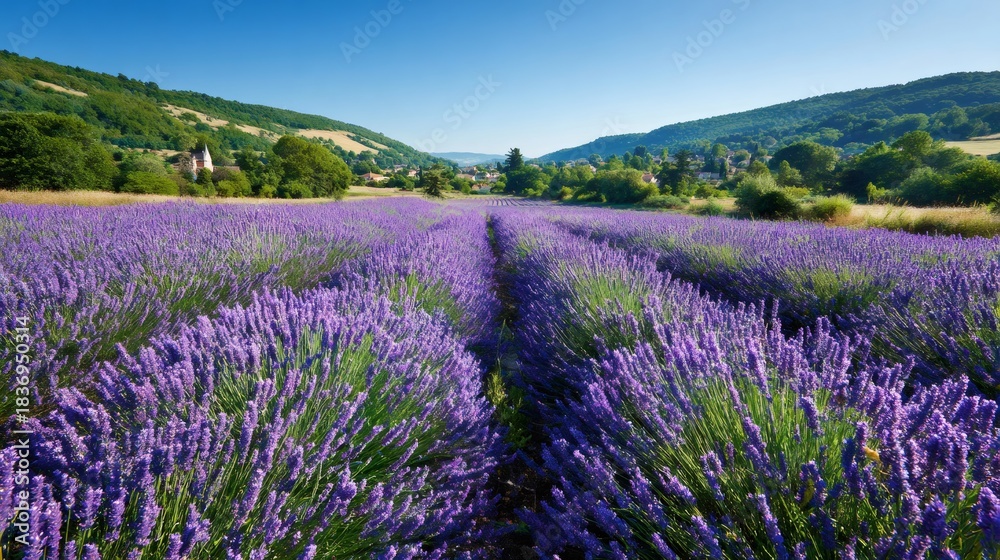 Obraz premium Lavender field in Provence, France blooming under a clear blue sky, showing rows of purple flowers and a distant village