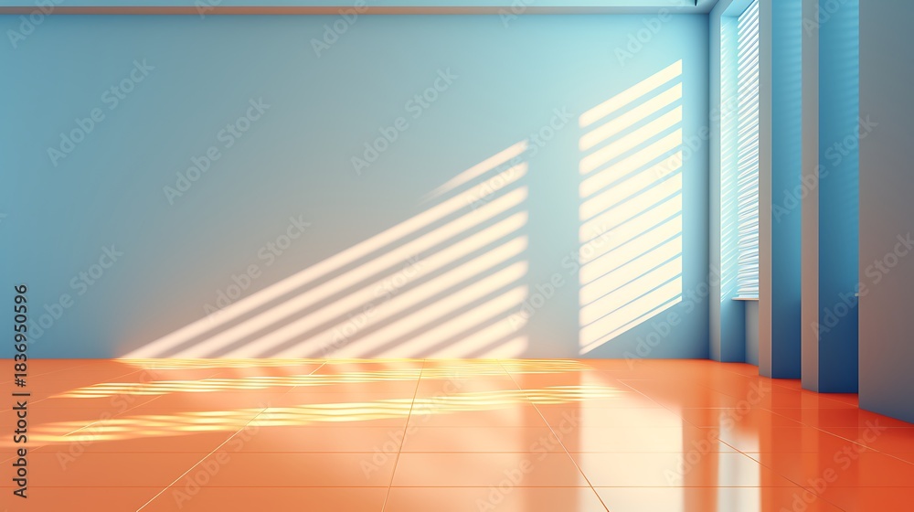 Obraz premium Modern Room with Blue Walls, Orange Tiled Floor, and Sunlight Through Blinds Design