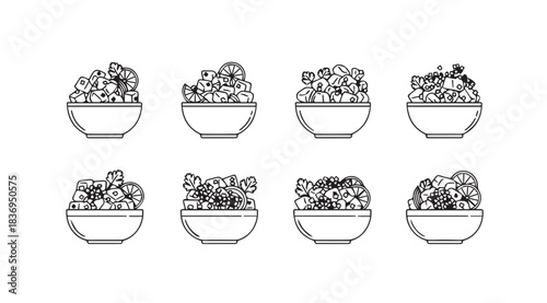 Hand drawn delicious berry bowls collection isolated artistic food elements fresh fruit assortment vector