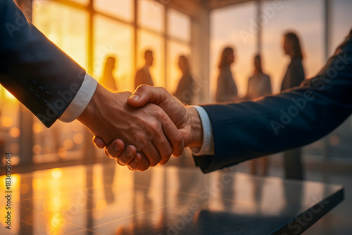 Business handshake closing deal at sunset in modern office