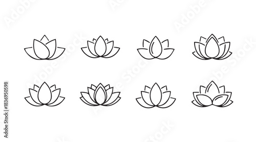 Collection of hand drawn lotus flower icons delicate botanical sketches for wellness and spirituality designs vector