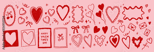 Love and Valentine's Day large collection of trendy hand drawn doodle decorative elements, hearts, frames, love letters, heart shaped balloons, bows and stars. Symbols of Valentine's Day and love.