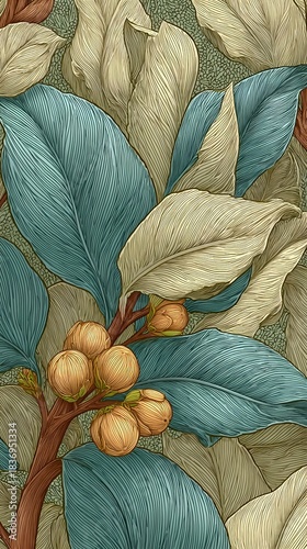 wallpaper pattern with detailed botanical illustrations in green tones