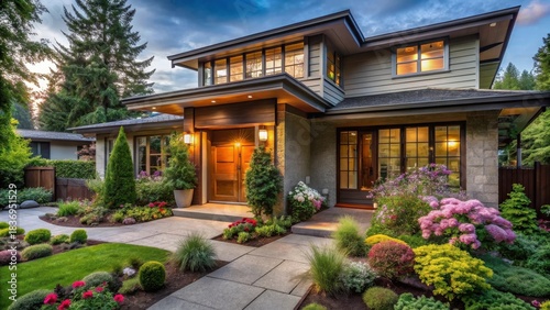 Evening Illumination of a Luxurious Modern Home with a Beautifully Landscaped Entrance and Walkway