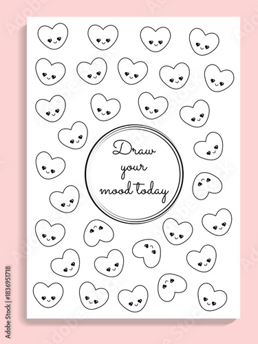 Mood tracking page template with cute kawaii hearts, mental health vector planner