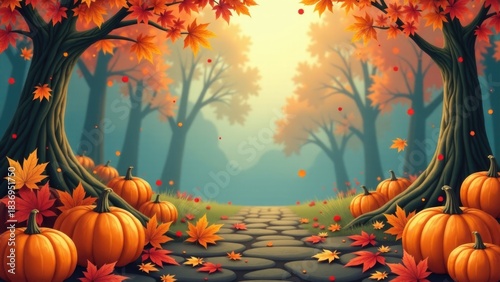 A colorful autumnal pathway lined with pumpkins and leaves