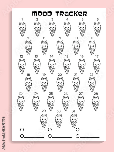 Kawaii Ice Cream Monthly Mood Planner, Vector Mood Tracker
