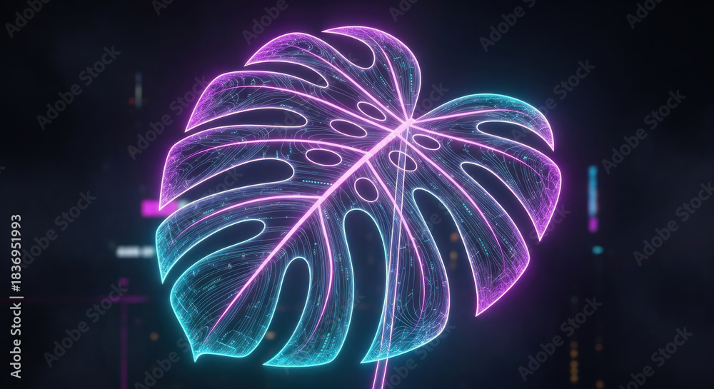Fototapeta premium Neon glowing monstera leaf against a dark urban backdrop, symbolizing modern design and nature