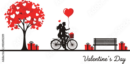 Couple riding a bicycle with heart balloon and gifts on valentines day