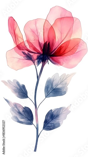 Watercolor Flower Painting Elegant Pink and Red Blossom with Blue Gray Leaves